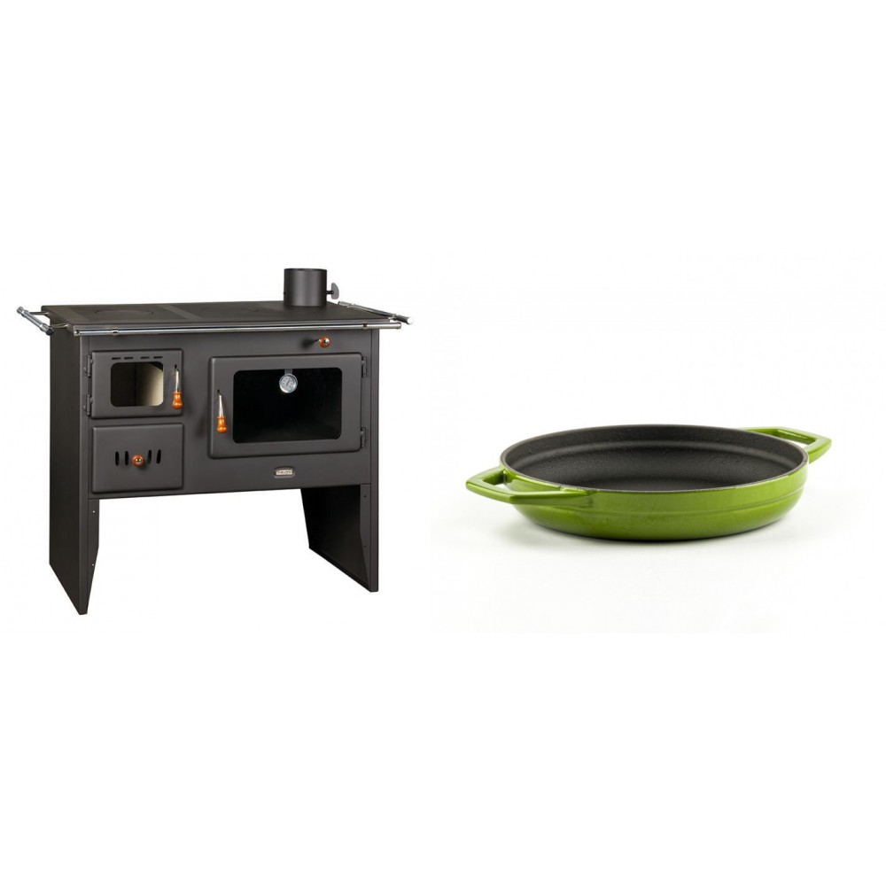 Set Küchenofen / Küchenhexe Prity mit Backofen und Kochplatte, Modell Prity 2P41, Leistung 15.2kW + Emaillierte gusseisenpfanne mit zwei Griffen Solagio, Bamboo, Ф19cm | Kaminofen - Holzofen mit Backfach | Kaminofen |