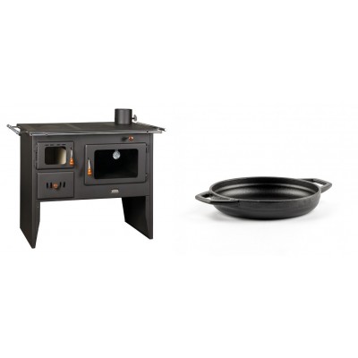 Set Küchenofen / Küchenhexe Prity mit Backofen und Kochplatte, Modell Prity 2P41, Leistung 15.2kW + Emaillierte gusseisenpfanne mit zwei Griffen Solagio, Black Onyx, Ф16cm - Kaminofen - Holzofen mit Backfach