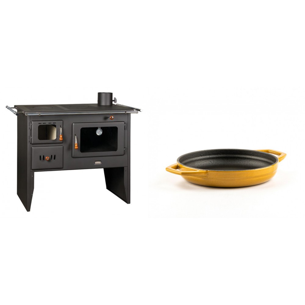 Set Küchenofen / Küchenhexe Prity mit Backofen und Kochplatte, Modell Prity 2P41, Leistung 15.2kW + Emaillierte gusseisenpfanne mit zwei Griffen Solagio, Dijon, Ф16cm | Kaminofen - Holzofen mit Backfach | Kaminofen |