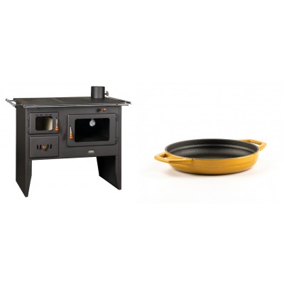 Set Küchenofen / Küchenhexe Prity mit Backofen und Kochplatte, Modell Prity 2P41, Leistung 15.2kW + Emaillierte gusseisenpfanne mit zwei Griffen Solagio, Dijon, Ф16cm - Kaminofen - Holzofen mit Backfach