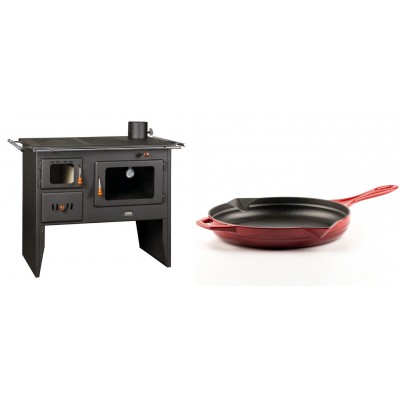 Set Küchenofen / Küchenhexe Prity mit Backofen und Kochplatte, Modell Prity 2P41, Leistung 15.2kW + Emaillierte Gusseisenpfanne Solagio, Rubin, Ф28cm - Kaminofen - Holzofen mit Backfach