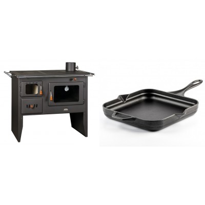 Set Küchenofen / Küchenhexe Prity mit Backofen und Kochplatte, Modell Prity 2P41, Leistung 15.2kW + Emaillierte Gusseisenpfanne Solagio, Black Onyx, 28x28cm - Kaminofen - Holzofen mit Backfach