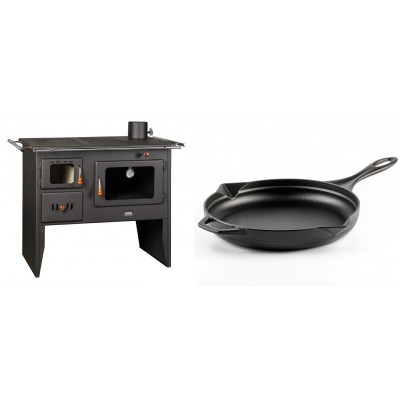 Set Küchenofen / Küchenhexe Prity mit Backofen und Kochplatte, Modell Prity 2P41, Leistung 15.2kW + Emaillierte Gusseisenpfanne Solagio, Black Onyx, Ф28cm - Kaminofen - Holzofen mit Backfach