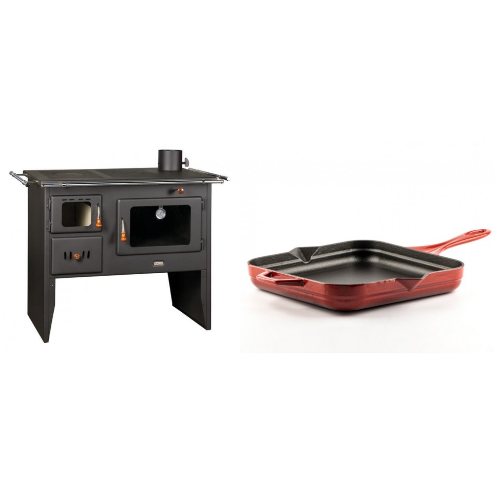 Set Küchenofen / Küchenhexe Prity mit Backofen und Kochplatte, Modell Prity 2P41, Leistung 15.2kW + Emaillierte Gusseisenpfanne Solagio, Rubin, 28x28cm | Kaminofen - Holzofen mit Backfach | Kaminofen |