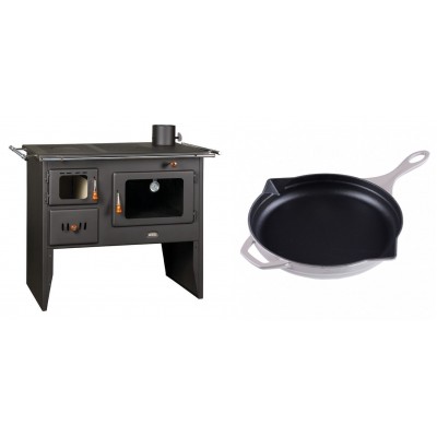 Set Küchenofen / Küchenhexe Prity mit Backofen und Kochplatte, Modell Prity 2P41, Leistung 15.2kW + Emaillierte Gusseisenpfanne Solagio, Ivory, Ф28cm - Kaminofen - Holzofen mit Backfach