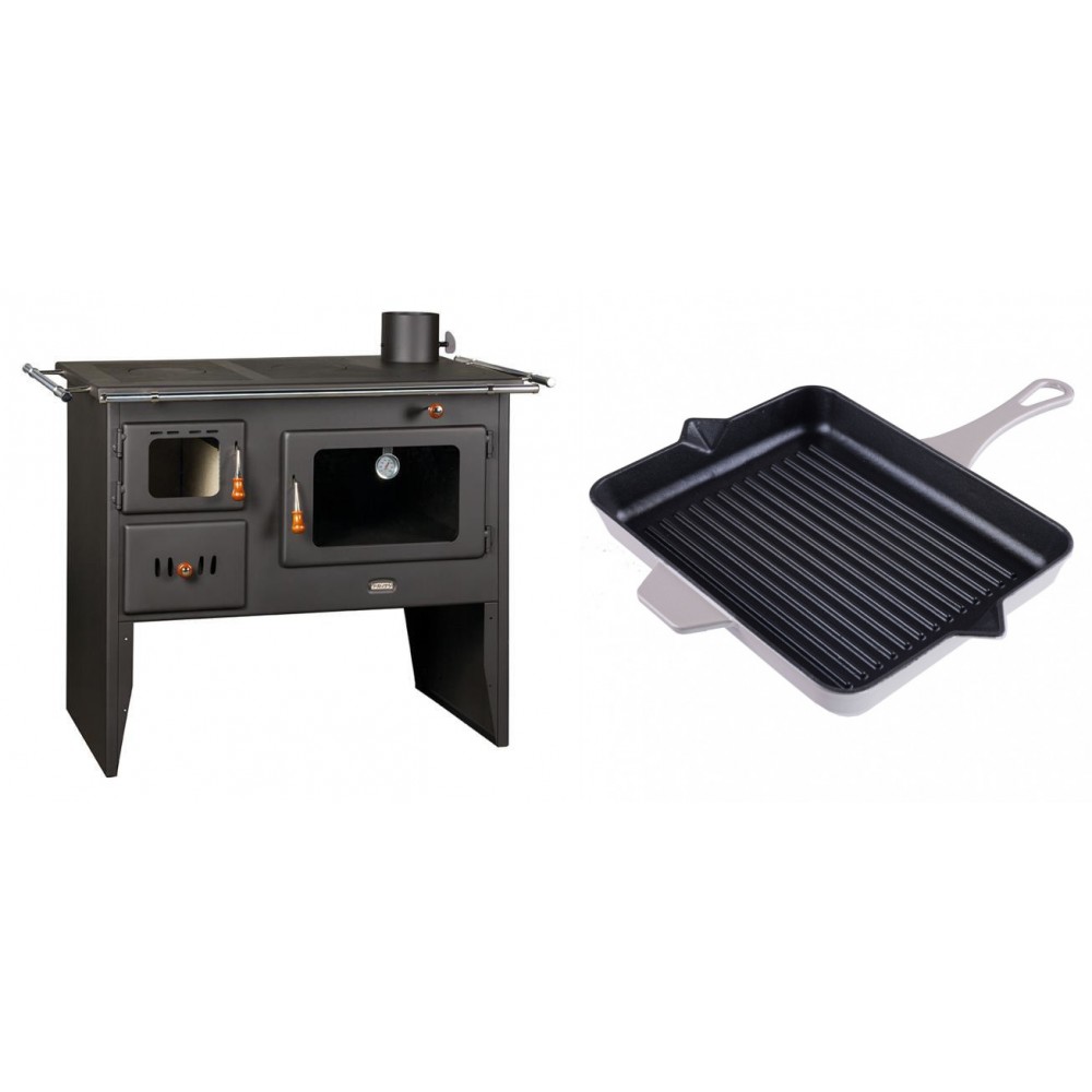 Set Küchenofen / Küchenhexe Prity mit Backofen und Kochplatte, Modell Prity 2P41, Leistung 15.2kW + Emaillierte grillpfanne Gusseisen Solagio, Ivory, 26x32cm | Kaminofen - Holzofen mit Backfach | Kaminofen |