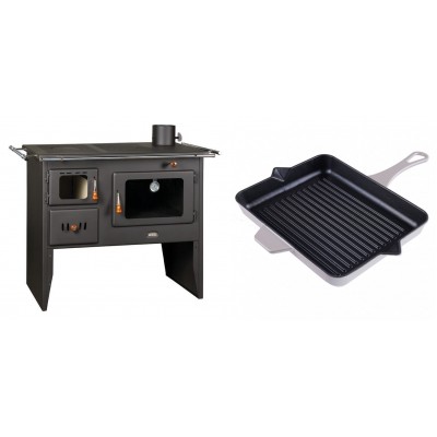 Set Küchenofen / Küchenhexe Prity mit Backofen und Kochplatte, Modell Prity 2P41, Leistung 15.2kW + Emaillierte grillpfanne Gusseisen Solagio, Ivory, 26x32cm - Kaminofen - Holzofen mit Backfach