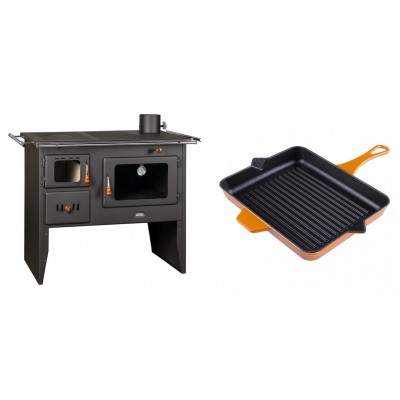 Set Küchenofen / Küchenhexe Prity mit Backofen und Kochplatte, Modell Prity 2P41, Leistung 15.2kW + Emaillierte grillpfanne Gusseisen Solagio, Dijon, 26x32cm - Kaminofen - Holzofen mit Backfach