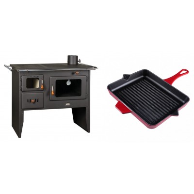 Set Küchenofen / Küchenhexe Prity mit Backofen und Kochplatte, Modell Prity 2P41, Leistung 15.2kW + Emaillierte grillpfanne Gusseisen Solagio, Rubin, 26x32cm - Kaminofen - Holzofen mit Backfach
