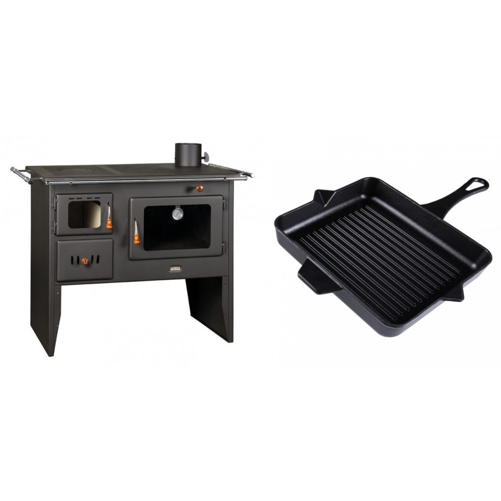 Set Küchenofen / Küchenhexe Prity mit Backofen und Kochplatte, Modell Prity 2P41, Leistung 15.2kW + Emaillierte grillpfanne Gusseisen Solagio, Black Onyx, 26x32cm | Kaminofen - Holzofen mit Backfach | Kaminofen |