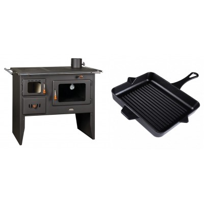 Set Küchenofen / Küchenhexe Prity mit Backofen und Kochplatte, Modell Prity 2P41, Leistung 15.2kW + Emaillierte grillpfanne Gusseisen Solagio, Black Onyx, 26x32cm - Kaminofen - Holzofen mit Backfach