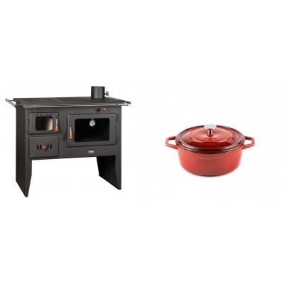 Set Küchenofen / Küchenhexe Prity mit Backofen und Kochplatte, Modell Prity 2P41, Leistung 15.2kW + Gusseisen Topf Tiefer Solagio, Rubin, Ф12 - Kaminofen - Holzofen mit Backfach