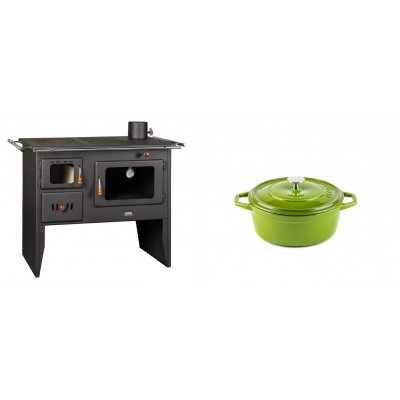 Set Küchenofen / Küchenhexe Prity mit Backofen und Kochplatte, Modell Prity 2P41, Leistung 15.2kW + Gusseisen Topf Tiefer Solagio, Bamboo, Ф12 - Kaminofen - Holzofen mit Backfach