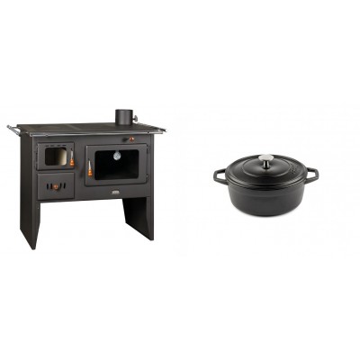 Set Küchenofen / Küchenhexe Prity mit Backofen und Kochplatte, Modell Prity 2P41, Leistung 15.2kW + Gusseisen Topf Tiefer Solagio, Black Onyx, Ф12 - Kaminofen - Holzofen mit Backfach