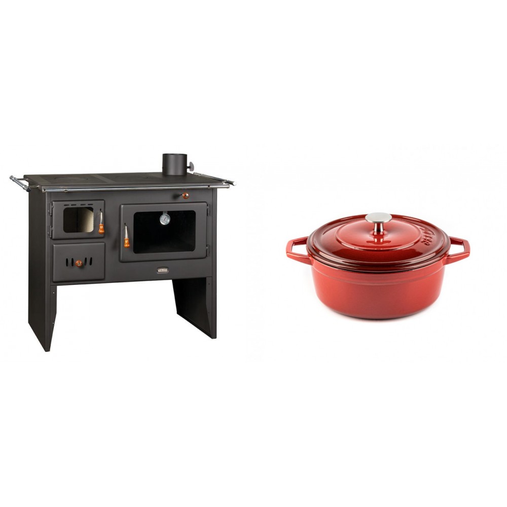 Set Küchenofen / Küchenhexe Prity mit Backofen und Kochplatte, Modell Prity 2P41, Leistung 15.2kW + Gusseisen Topf Tiefer Solagio, Rubin, Ф20 | Kaminofen - Holzofen mit Backfach | Kaminofen |