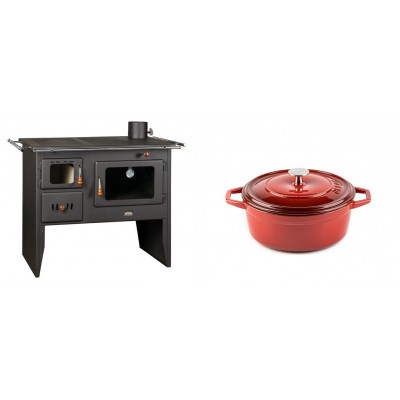 Set Küchenofen / Küchenhexe Prity mit Backofen und Kochplatte, Modell Prity 2P41, Leistung 15.2kW + Gusseisen Topf Tiefer Solagio, Rubin, Ф20 - Kaminofen - Holzofen mit Backfach