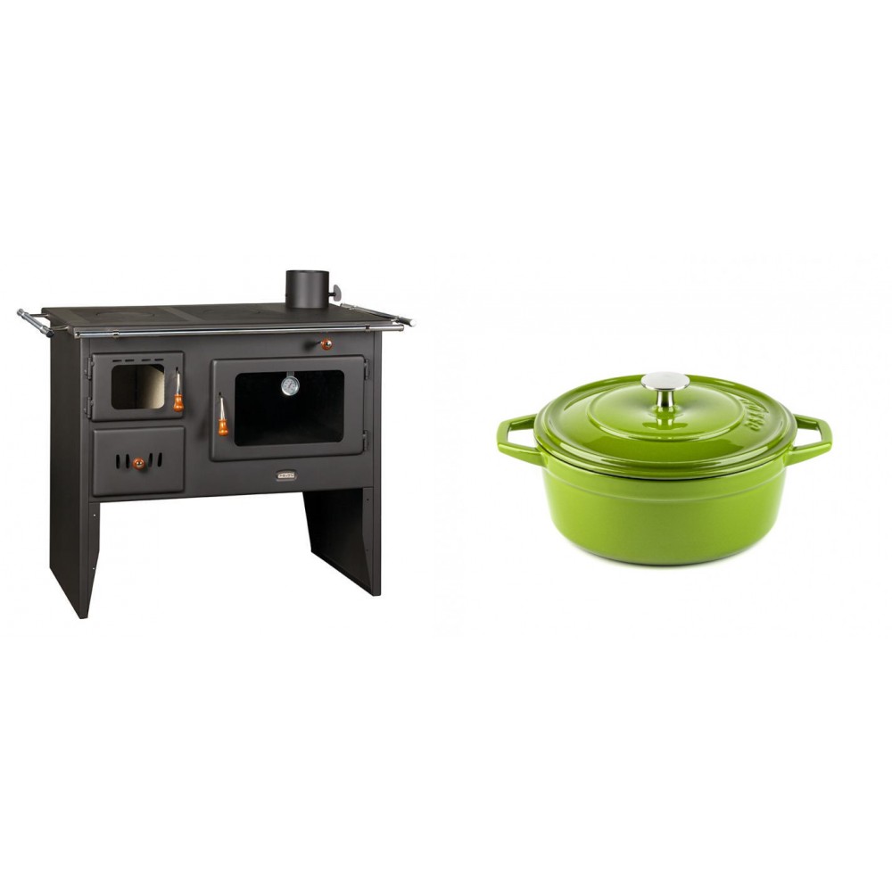 Set Küchenofen / Küchenhexe Prity mit Backofen und Kochplatte, Modell Prity 2P41, Leistung 15.2kW + Gusseisen Topf Tiefer Solagio, Bamboo, Ф20 | Kaminofen - Holzofen mit Backfach | Kaminofen |