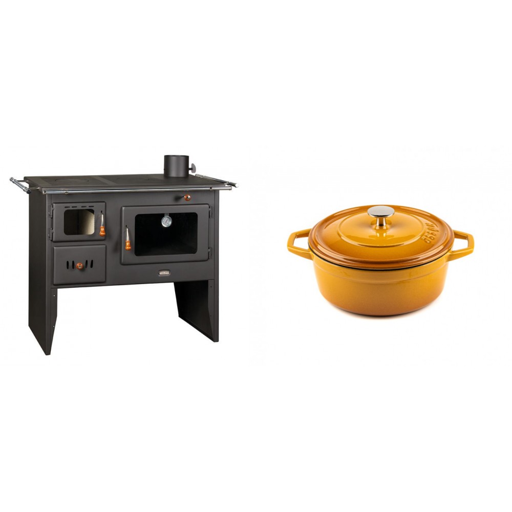 Set Küchenofen / Küchenhexe Prity mit Backofen und Kochplatte, Modell Prity 2P41, Leistung 15.2kW + Gusseisen Topf Tiefer Solagio, Dijon, Ф20 | Kaminofen - Holzofen mit Backfach | Kaminofen |