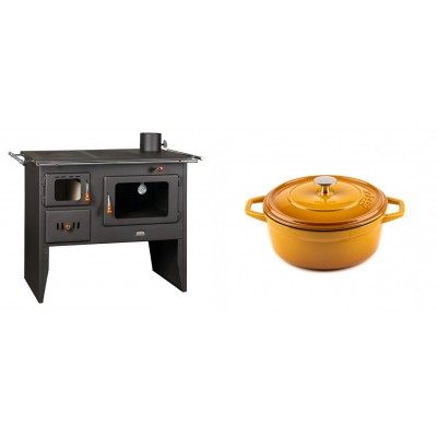 Set Küchenofen / Küchenhexe Prity mit Backofen und Kochplatte, Modell Prity 2P41, Leistung 15.2kW + Gusseisen Topf Tiefer Solagio, Dijon, Ф20 - Kaminofen - Holzofen mit Backfach