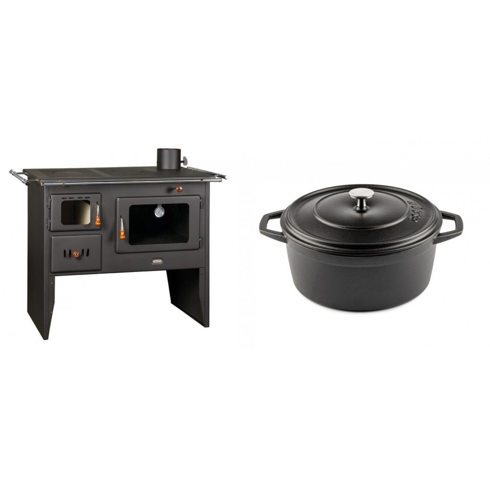 Set Küchenofen / Küchenhexe Prity mit Backofen und Kochplatte, Modell Prity 2P41, Leistung 15.2kW + Gusseisen Topf Tiefer Solagio, Black Onyx, Ф24