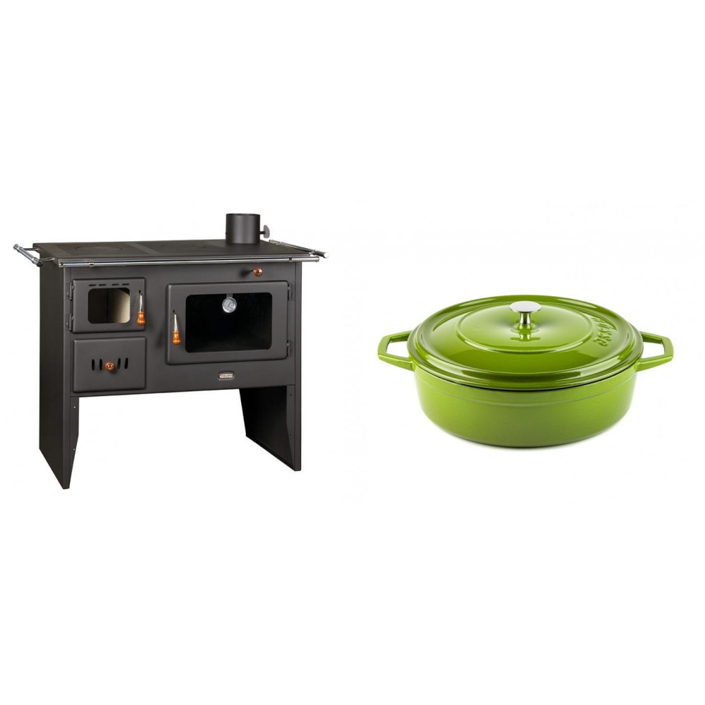 Set Küchenofen / Küchenhexe Prity mit Backofen und Kochplatte, Modell Prity 2P41, Leistung 15.2kW + Gusseisen Topf Flach Solagio, Bamboo, Ф26 | Kaminofen - Holzofen mit Backfach | Kaminofen |