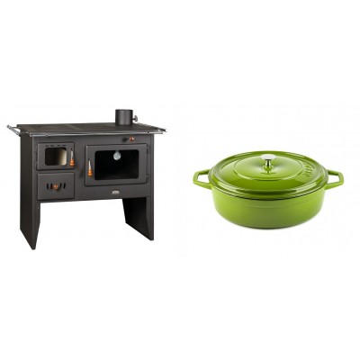 Set Küchenofen / Küchenhexe Prity mit Backofen und Kochplatte, Modell Prity 2P41, Leistung 15.2kW + Gusseisen Topf Flach Solagio, Bamboo, Ф26 - Kaminofen - Holzofen mit Backfach