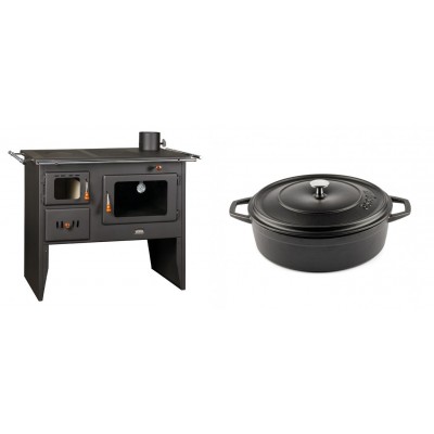 Set Küchenofen / Küchenhexe Prity mit Backofen und Kochplatte, Modell Prity 2P41, Leistung 15.2kW + Gusseisen Topf Flach Solagio, Black Onyx, Ф26 - Kaminofen - Holzofen mit Backfach