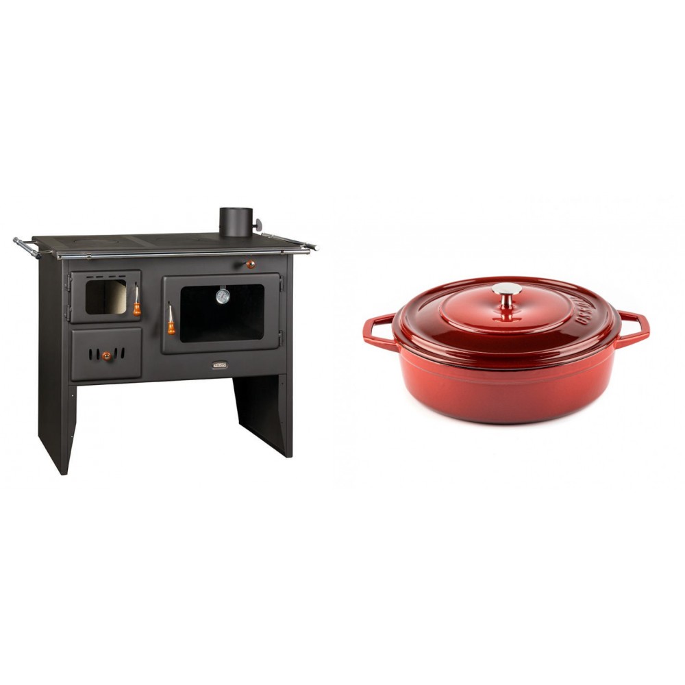 Set Küchenofen / Küchenhexe Prity mit Backofen und Kochplatte, Modell Prity 2P41, Leistung 15.2kW + Gusseisen Topf Flach Solagio, Rubin, Ф26