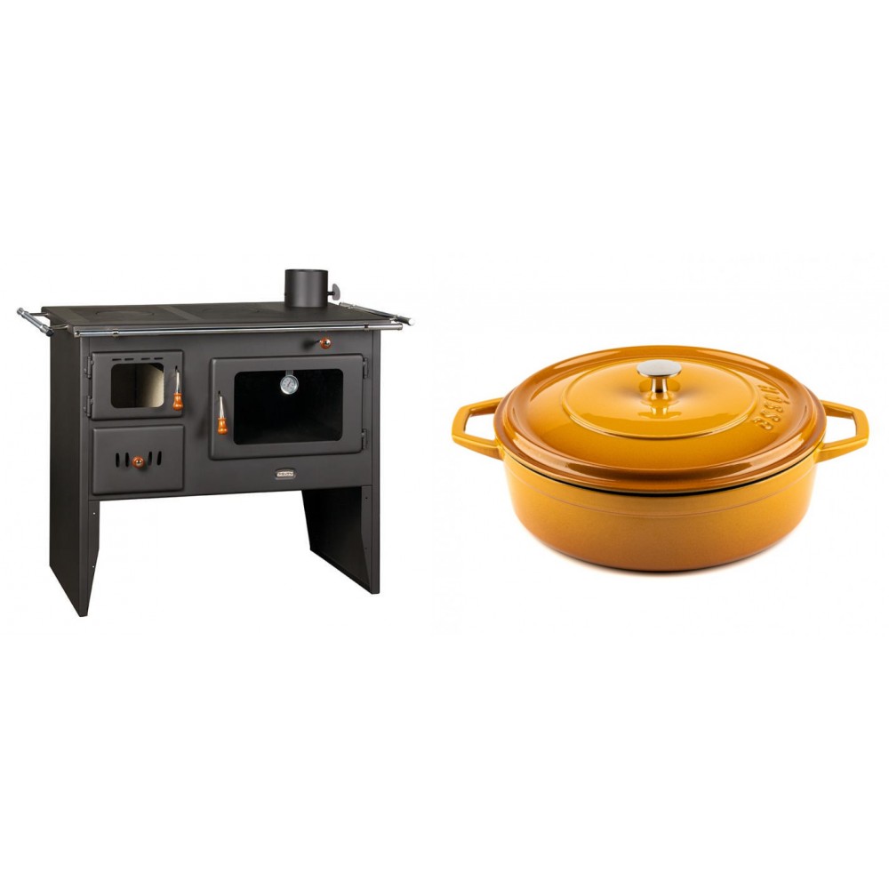 Set Küchenofen / Küchenhexe Prity mit Backofen und Kochplatte, Modell Prity 2P41, Leistung 15.2kW + Gusseisen Topf Flach Solagio, Dijon, Ф28