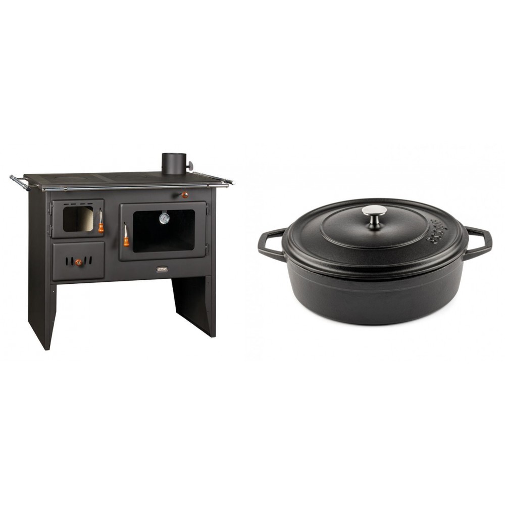 Set Küchenofen / Küchenhexe Prity mit Backofen und Kochplatte, Modell Prity 2P41, Leistung 15.2kW + Gusseisen Topf Flach Solagio, Black Onyx, Ф28