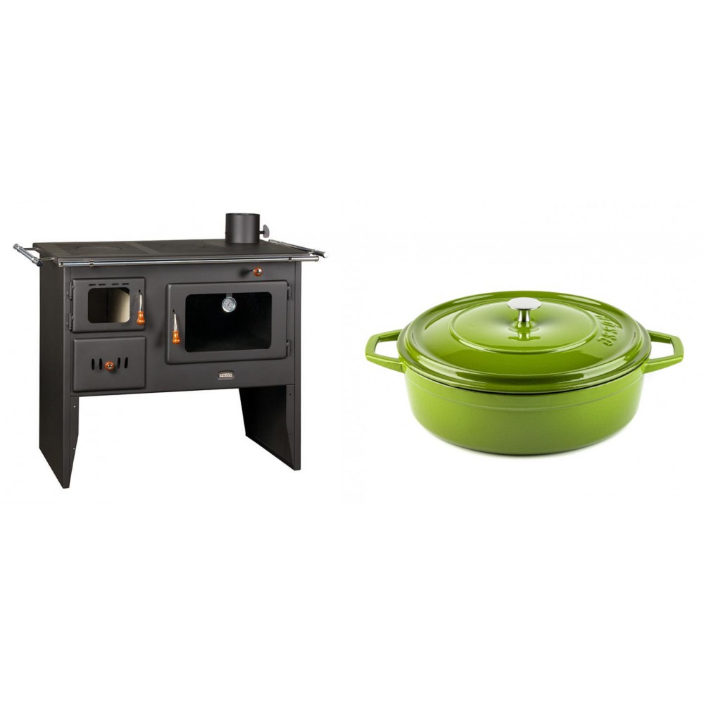 Set Küchenofen / Küchenhexe Prity mit Backofen und Kochplatte, Modell Prity 2P41, Leistung 15.2kW + Gusseisen Topf Flach Solagio, Bamboo, Ф28