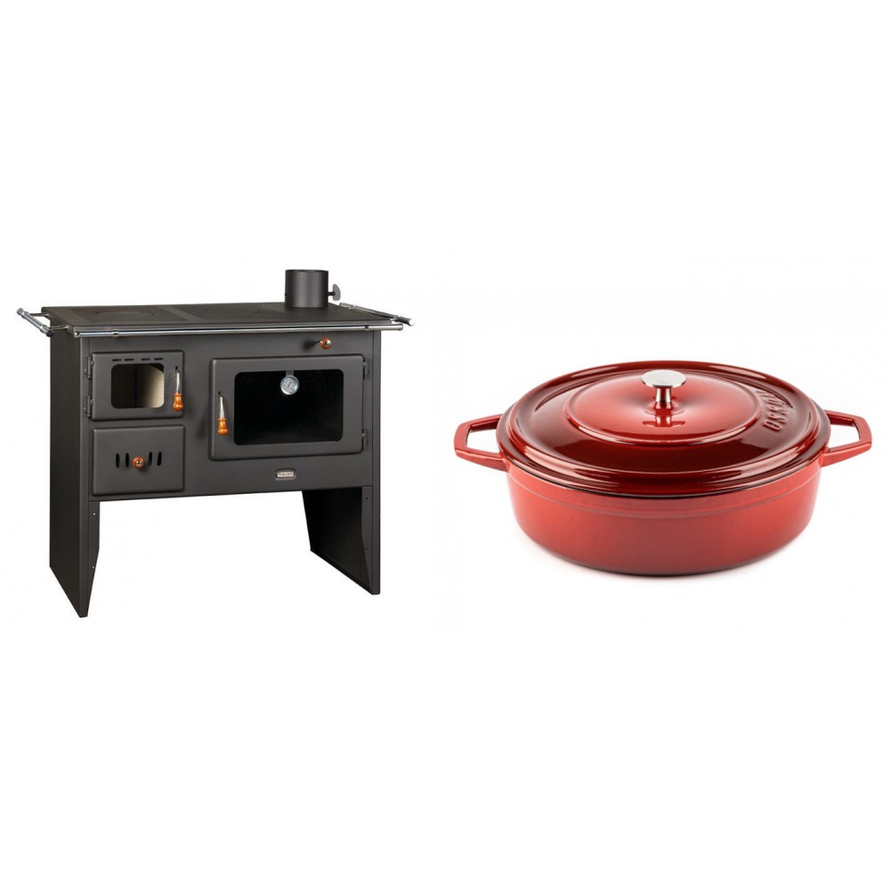 Set Küchenofen / Küchenhexe Prity mit Backofen und Kochplatte, Modell Prity 2P41, Leistung 15.2kW + Gusseisen Topf Flach Solagio, Rubin, Ф28