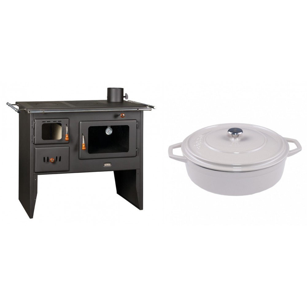 Set Küchenofen / Küchenhexe Prity mit Backofen und Kochplatte, Modell Prity 2P41, Leistung 15.2kW + Gusseisen Topf Flach Solagio, Ivory, Ф28 | Kaminofen - Holzofen mit Backfach | Kaminofen |