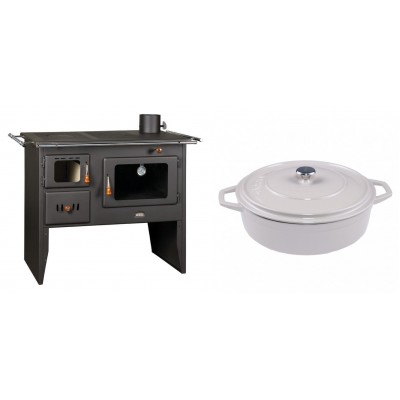 Set Küchenofen / Küchenhexe Prity mit Backofen und Kochplatte, Modell Prity 2P41, Leistung 15.2kW + Gusseisen Topf Flach Solagio, Ivory, Ф28 - Kaminofen - Holzofen mit Backfach