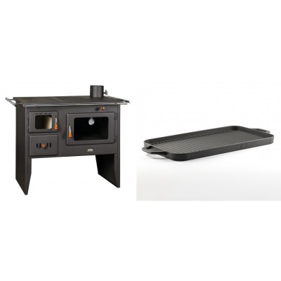 Set Küchenofen / Küchenhexe Prity mit Backofen und Kochplatte, Modell Prity 2P41, Leistung 15.2kW + Große Grillplatte aus Gusseisen Solagio, 25x44cm - Kaminofen - Holzofen mit Backfach