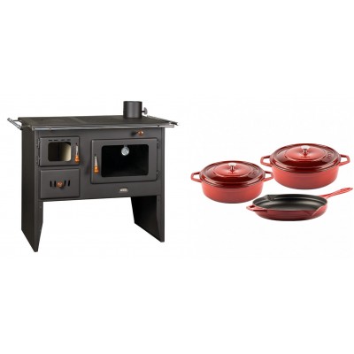 Set Küchenofen / Küchenhexe Prity mit Backofen und Kochplatte, Modell Prity 2P41, Leistung 15.2kW + Gusseisen Topf Set aus 3 teilen Solagio, Rubin - Kaminofen - Holzofen mit Backfach