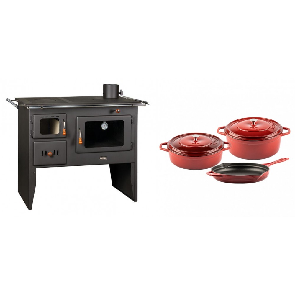 Set Küchenofen / Küchenhexe Prity mit Backofen und Kochplatte, Modell Prity 2P41, Leistung 15.2kW + Gusseisen Topf Set aus 3 teilen Solagio, Rubin | Kaminofen - Holzofen mit Backfach | Kaminofen |