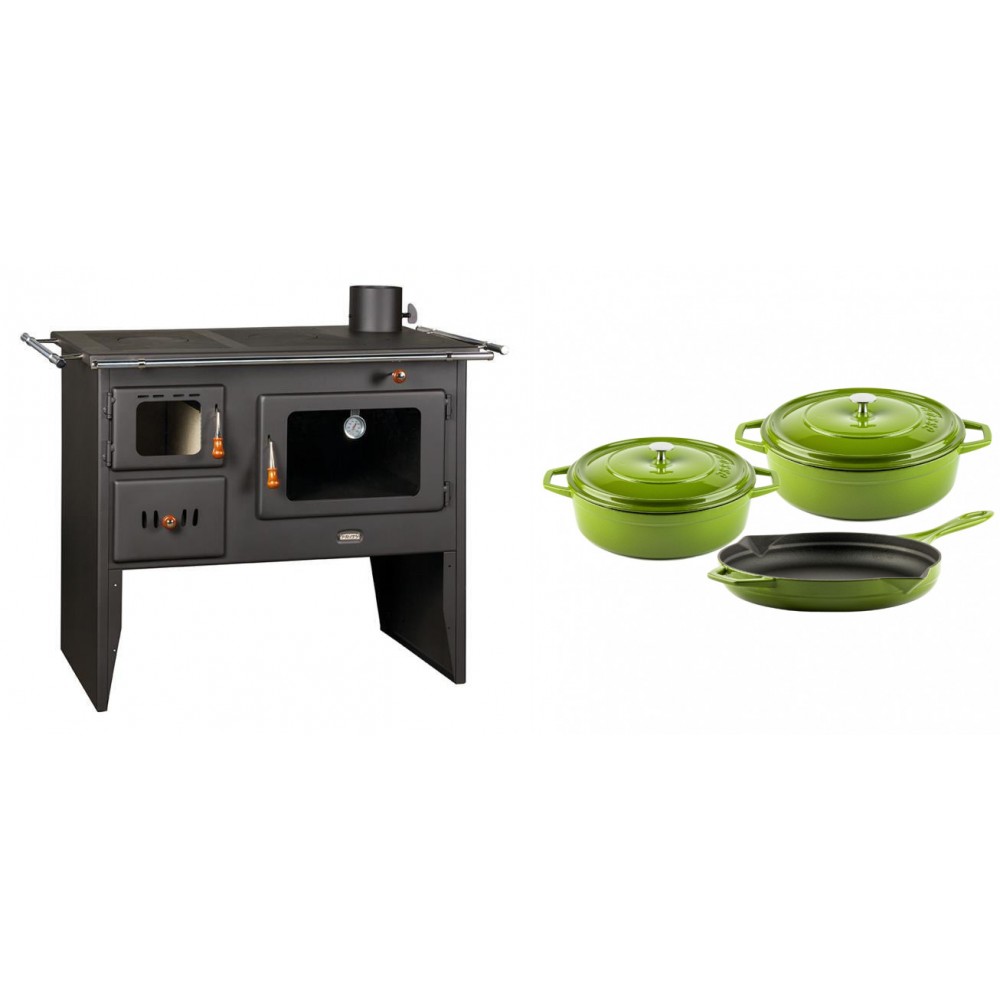 Set Küchenofen / Küchenhexe Prity mit Backofen und Kochplatte, Modell Prity 2P41, Leistung 15.2kW + Gusseisen Topf Set aus 3 teilen Solagio, Bamboo | Kaminofen - Holzofen mit Backfach | Kaminofen |