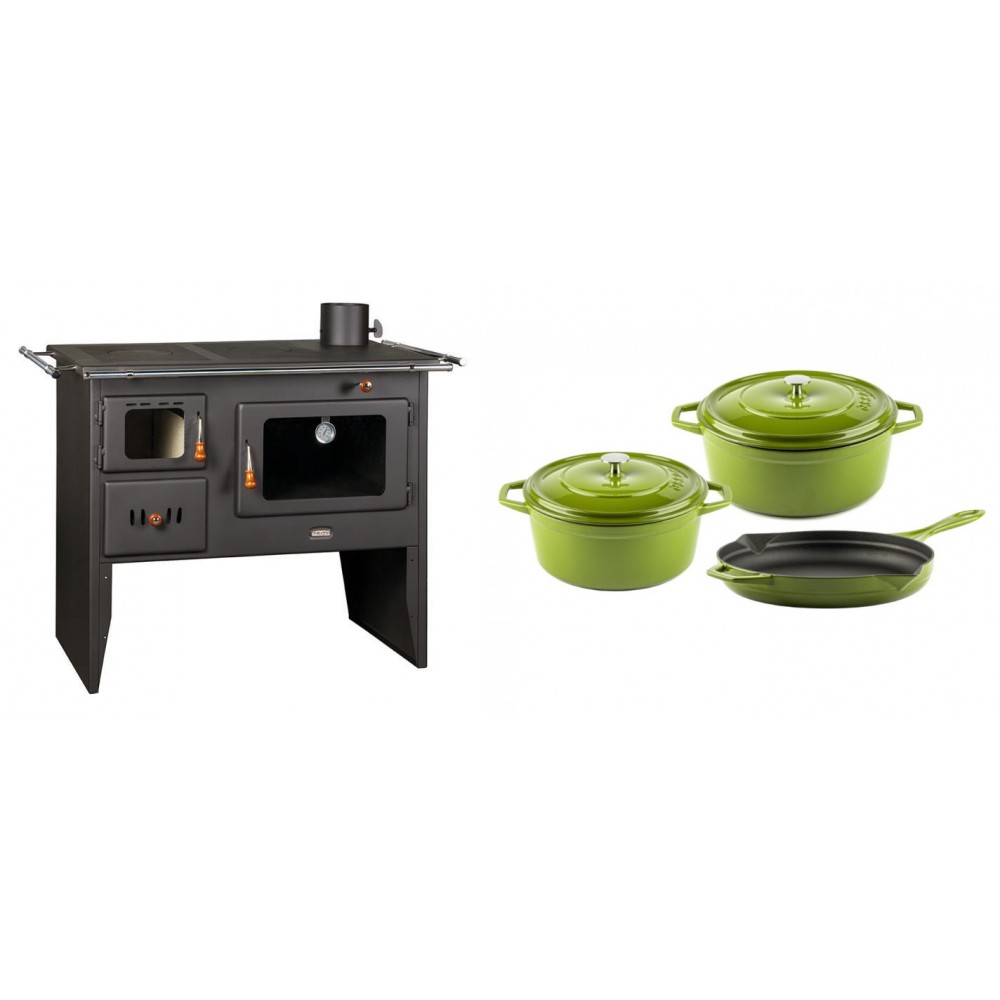 Set Küchenofen / Küchenhexe Prity mit Backofen und Kochplatte, Modell Prity 2P41, Leistung 15.2kW + Gusseisen Topf Set aus 3 teilen Solagio, Bamboo