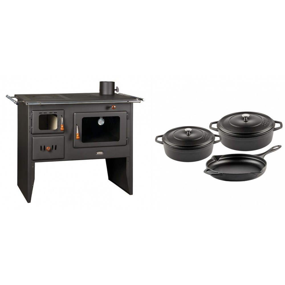 Set Küchenofen / Küchenhexe Prity mit Backofen und Kochplatte, Modell Prity 2P41, Leistung 15.2kW + Gusseisen Topf Set aus 3 teilen Solagio, Black Onyx