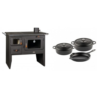 Set Küchenofen / Küchenhexe Prity mit Backofen und Kochplatte, Modell Prity 2P41, Leistung 15.2kW + Gusseisen Topf Set aus 3 teilen Solagio, Black Onyx - Kaminofen - Holzofen mit Backfach