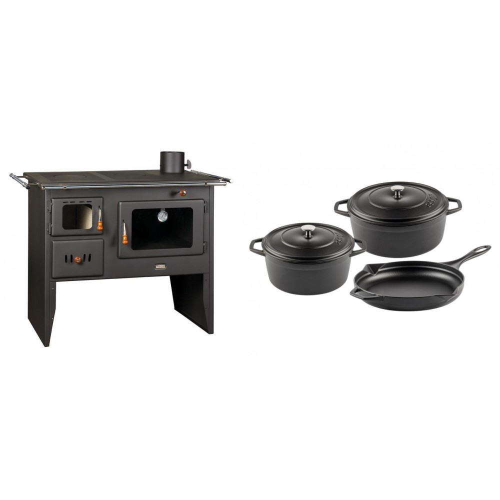 Set Küchenofen / Küchenhexe Prity mit Backofen und Kochplatte, Modell Prity 2P41, Leistung 15.2kW + Gusseisen Topf Set aus 3 teilen Solagio, Black Onyx | Kaminofen - Holzofen mit Backfach | Kaminofen |