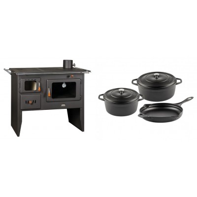 Set Küchenofen / Küchenhexe Prity mit Backofen und Kochplatte, Modell Prity 2P41, Leistung 15.2kW + Gusseisen Topf Set aus 3 teilen Solagio, Black Onyx - Kaminofen - Holzofen mit Backfach