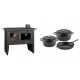 Set Küchenofen / Küchenhexe Prity mit Backofen und Kochplatte, Modell Prity 2P41, Leistung 15.2kW + Gusseisen Topf Set aus 3 teilen Solagio, Black Onyx | Kaminofen - Holzofen mit Backfach | Kaminofen |