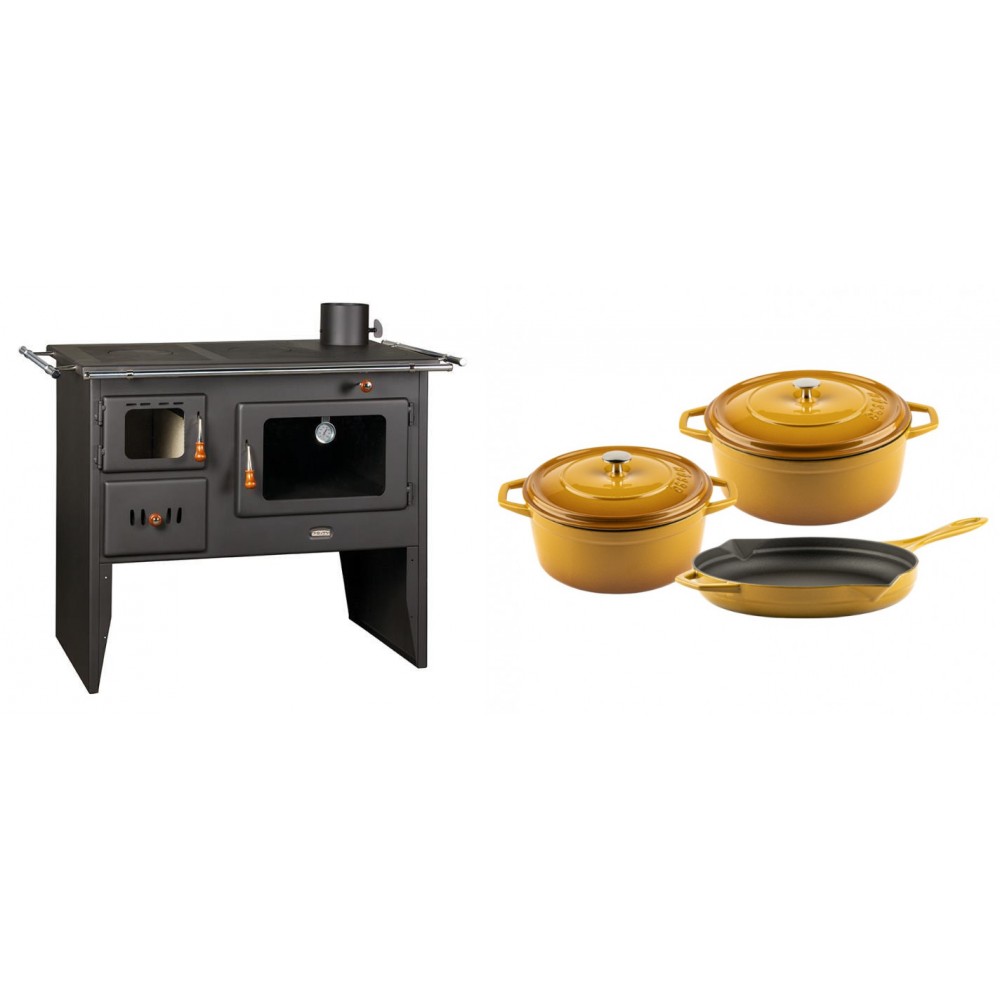 Set Küchenofen / Küchenhexe Prity mit Backofen und Kochplatte, Modell Prity 2P41, Leistung 15.2kW + Gusseisen Topf Set aus 3 teilen Solagio, Dijon | Kaminofen - Holzofen mit Backfach | Kaminofen |