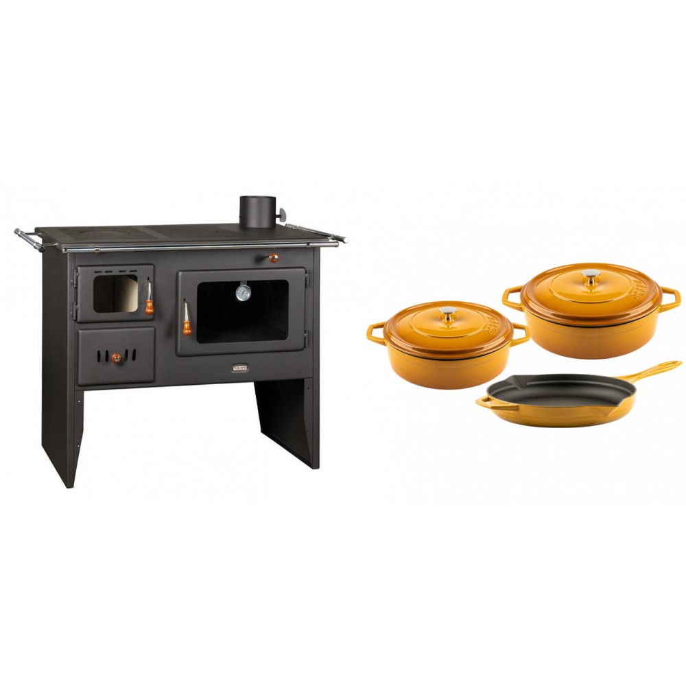 Set Küchenofen / Küchenhexe Prity mit Backofen und Kochplatte, Modell Prity 2P41, Leistung 15.2kW + Gusseisen Topf Set aus 3 teilen Solagio, Dijon