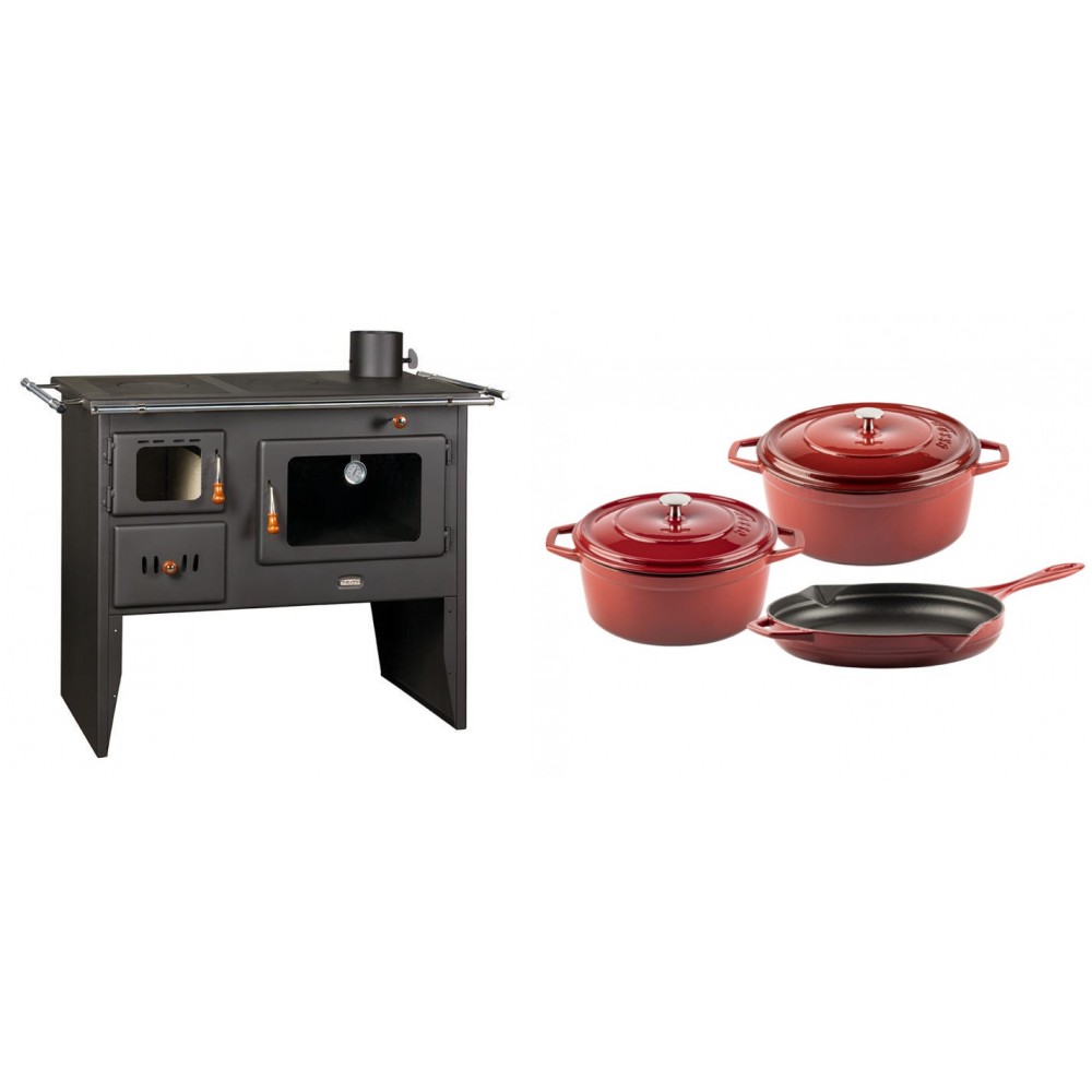 Set Küchenofen / Küchenhexe Prity mit Backofen und Kochplatte, Modell Prity 2P41, Leistung 15.2kW + Gusseisen Topf Set aus 3 teilen Solagio, Rubin | Kaminofen - Holzofen mit Backfach | Kaminofen |