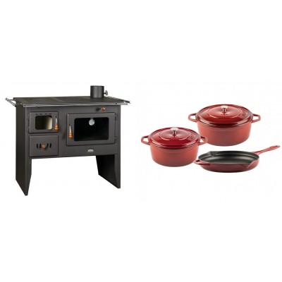 Set Küchenofen / Küchenhexe Prity mit Backofen und Kochplatte, Modell Prity 2P41, Leistung 15.2kW + Gusseisen Topf Set aus 3 teilen Solagio, Rubin - Kaminofen - Holzofen mit Backfach