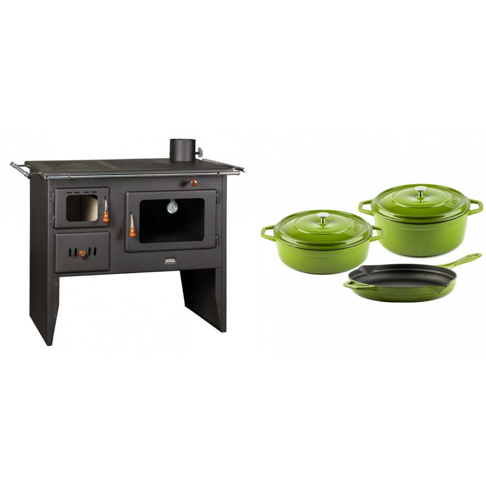 Set Küchenofen / Küchenhexe Prity mit Backofen und Kochplatte, Modell Prity 2P41, Leistung 15.2kW + Gusseisen Topf Set aus 3 teilen Solagio, Bamboo