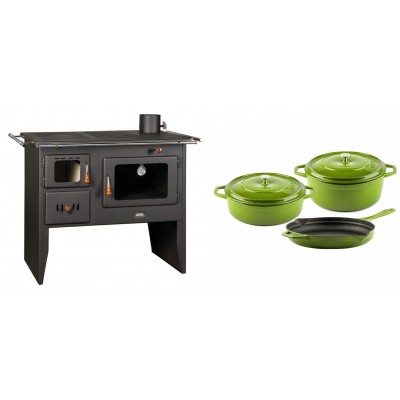 Set Küchenofen / Küchenhexe Prity mit Backofen und Kochplatte, Modell Prity 2P41, Leistung 15.2kW + Gusseisen Topf Set aus 3 teilen Solagio, Bamboo - Kaminofen - Holzofen mit Backfach